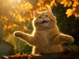 playful cat batting at falling autumn leaves in a sunlit garden AI Generative photo
