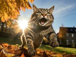 playful cat batting at falling autumn leaves in a sunlit garden AI Generative photo