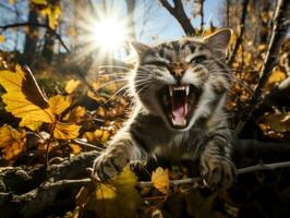 playful cat batting at falling autumn leaves in a sunlit garden AI Generative photo