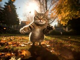 juguetón gato guata a que cae otoño hojas en un iluminado por el sol jardín ai generativo foto