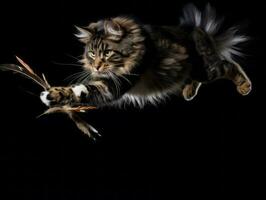 playful feline leaping through the air in pursuit of a feather toy AI Generative photo