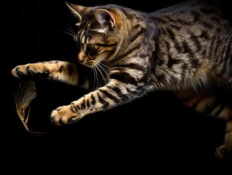 playful feline leaping through the air in pursuit of a feather toy AI Generative photo