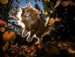 juguetón gato guata a que cae otoño hojas en un iluminado por el sol jardín ai generativo foto