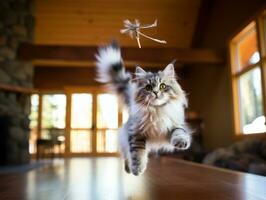 playful feline leaping through the air in pursuit of a feather toy AI Generative photo