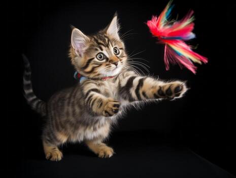 playful feline leaping through the air in pursuit of a feather toy AI Generative photo