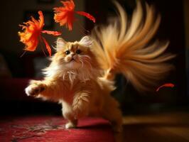 playful feline leaping through the air in pursuit of a feather toy AI Generative photo