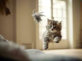 playful feline leaping through the air in pursuit of a feather toy AI Generative photo