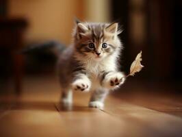 juguetón felino saltando mediante el aire en búsqueda de un pluma juguete ai generativo foto