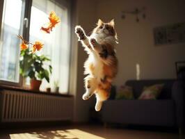 juguetón felino saltando mediante el aire en búsqueda de un pluma juguete ai generativo foto