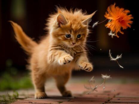 playful feline leaping through the air in pursuit of a feather toy AI Generative photo