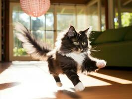 playful feline leaping through the air in pursuit of a feather toy AI Generative photo