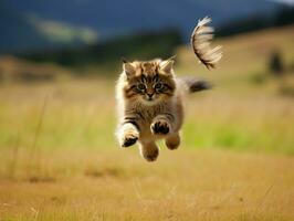 playful feline leaping through the air in pursuit of a feather toy AI Generative photo