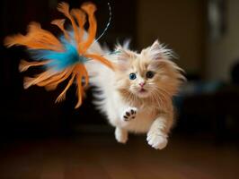 playful feline leaping through the air in pursuit of a feather toy AI Generative photo