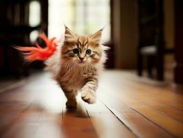 juguetón felino saltando mediante el aire en búsqueda de un pluma juguete ai generativo foto