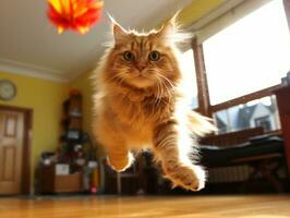 juguetón felino saltando mediante el aire en búsqueda de un pluma juguete ai generativo foto