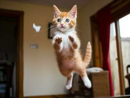 juguetón felino saltando mediante el aire en búsqueda de un pluma juguete ai generativo foto