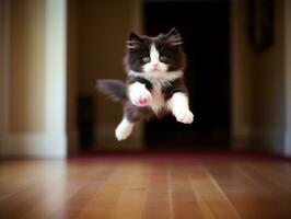 playful feline leaping through the air in pursuit of a feather toy AI Generative photo