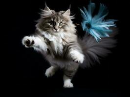 playful feline leaping through the air in pursuit of a feather toy AI Generative photo