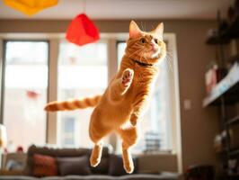 playful feline leaping through the air in pursuit of a feather toy AI Generative photo