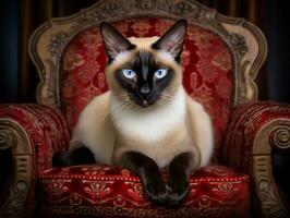 regal Siamese cat posed on a luxurious chair AI Generative photo