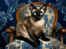 real siamés gato planteado en un lujoso silla ai generativo foto