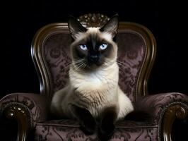 regal Siamese cat posed on a luxurious chair AI Generative photo