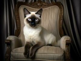 regal Siamese cat posed on a luxurious chair AI Generative photo