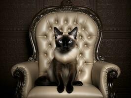 regal Siamese cat posed on a luxurious chair AI Generative photo