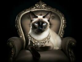 regal Siamese cat posed on a luxurious velvet chair AI Generative photo
