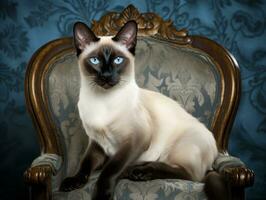 regal Siamese cat posed on a luxurious velvet chair AI Generative photo