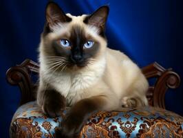 real siamés gato planteado en un lujoso terciopelo silla ai generativo foto