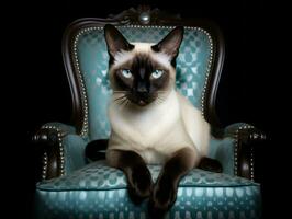 regal Siamese cat posed on a luxurious velvet chair AI Generative photo