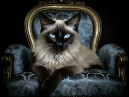 regal Siamese cat posed on a luxurious velvet chair AI Generative photo