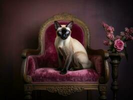 regal Siamese cat posed on a luxurious velvet chair AI Generative photo