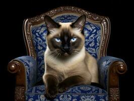 regal Siamese cat posed on a luxurious velvet chair AI Generative photo
