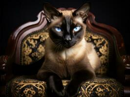 regal Siamese cat posed on a luxurious velvet chair AI Generative photo