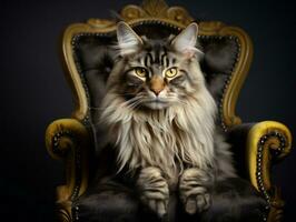 real gato planteado en un lujoso silla ai generativo foto