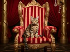 real gato planteado en un lujoso silla ai generativo foto