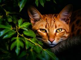 sereno gato descansando en un árbol rama rodeado por lozano follaje ai generativo foto