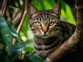 Serene cat resting on a tree branch surrounded by lush foliage AI Generativ photo