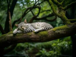 sereno gato descansando en un árbol rama rodeado por lozano follaje ai generativo foto