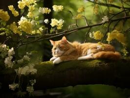 Serene cat resting on a tree branch surrounded by lush foliage AI Generativ photo