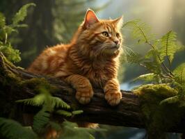 Serene cat resting on a tree branch surrounded by lush foliage AI Generativ photo