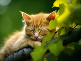 Serene cat resting on a tree branch surrounded by lush foliage AI Generativ photo