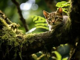 Serene cat resting on a tree branch surrounded by lush foliage AI Generativ photo