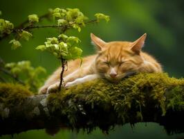 sereno gato descansando en un árbol rama rodeado por lozano follaje ai generativo foto