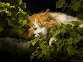 sereno gato descansando en un árbol rama rodeado por lozano follaje ai generativo foto