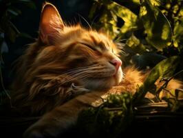 Serene cat resting on a tree branch surrounded by lush foliage AI Generativ photo