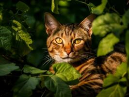 Serene cat resting on a tree branch surrounded by lush foliage AI Generativ photo