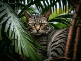 sereno gato descansando en un árbol rama rodeado por lozano follaje ai generativo foto